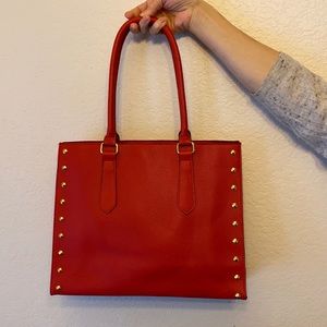Red Leather Tote Bag with Gold Studs